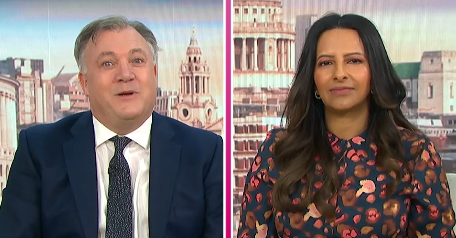 Ed Balls looking shocked and Ranvir Singh looking serious on GMB today