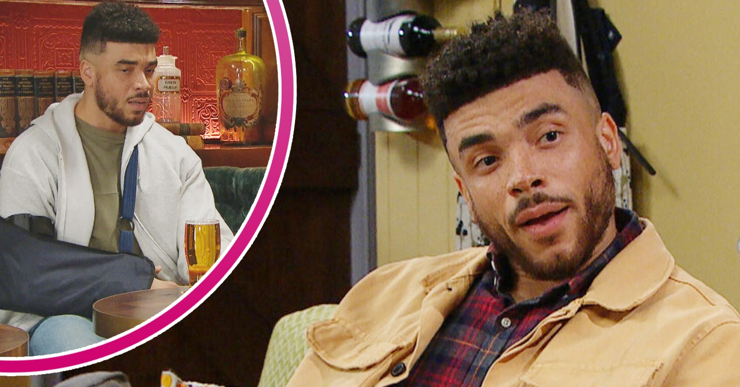 Nate talking casually on Emmerdale; inset, wearing a cast and looking lethargic (Credit: ITV/Composite: Entertainment Daily)