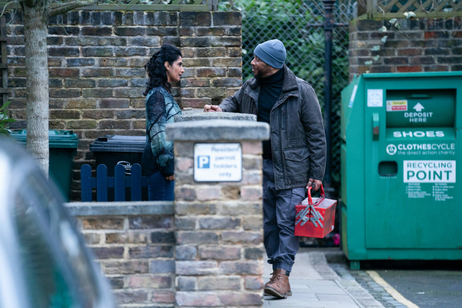 Suki and Mitch talking outside on EastEnders