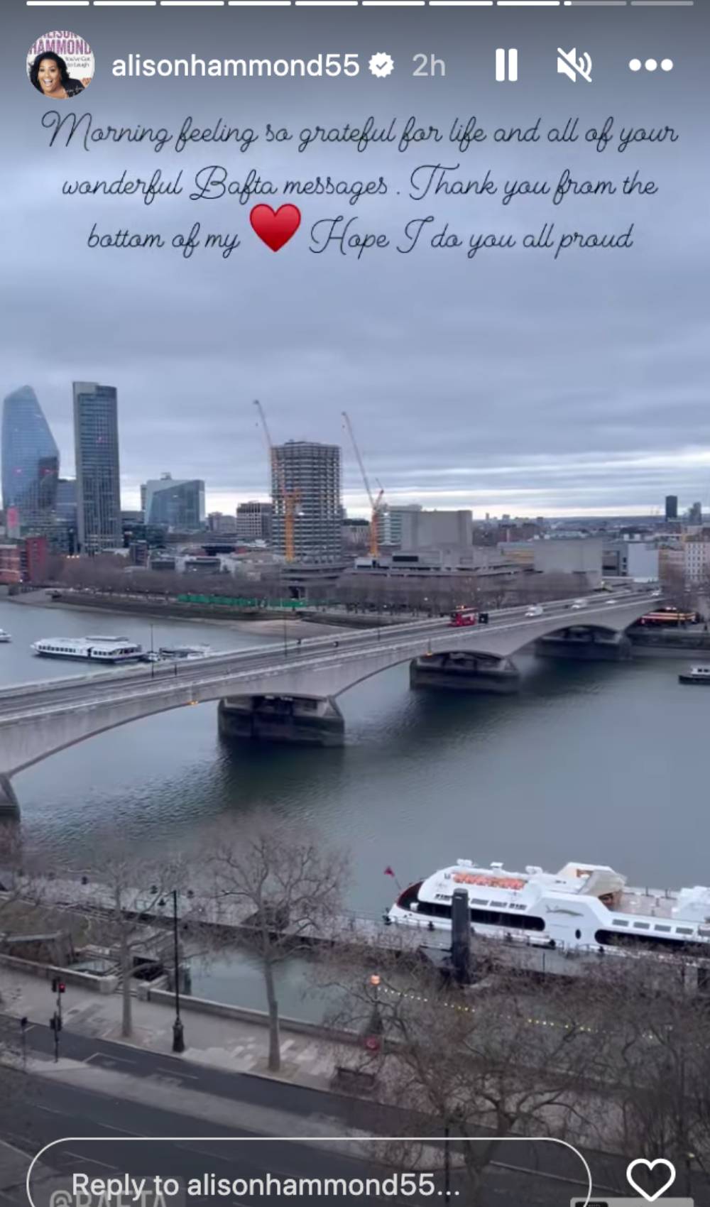 Alison Hammond shares view on Instagram