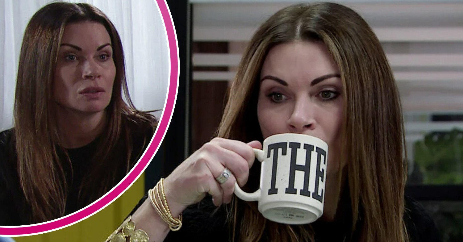 Carla looks mad and drinks a drink in Coronation Street