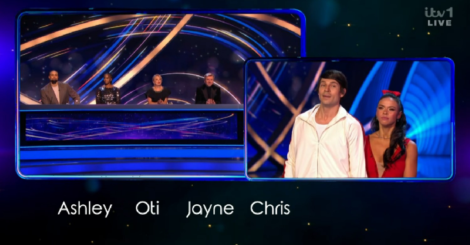 Joey Essex and Vanessa Bauer waiting for judges' scores on Dancing On Ice