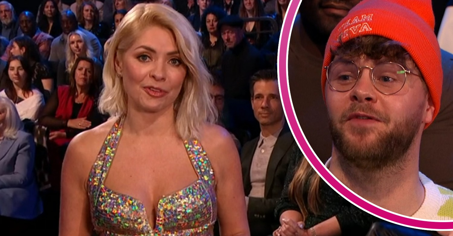 Holly Willoughby speaking to camera, Jay McGuiness in audience on Dancing On Ice