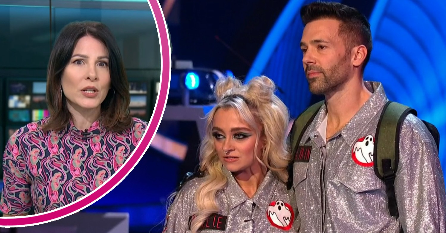 Lucrezia Millarini presenting a fake breaking news segment on Dancing On Ice / Mollie Gallagher and Sylvain Longchambon dressed as Ghostbusters on Dancing On Ice