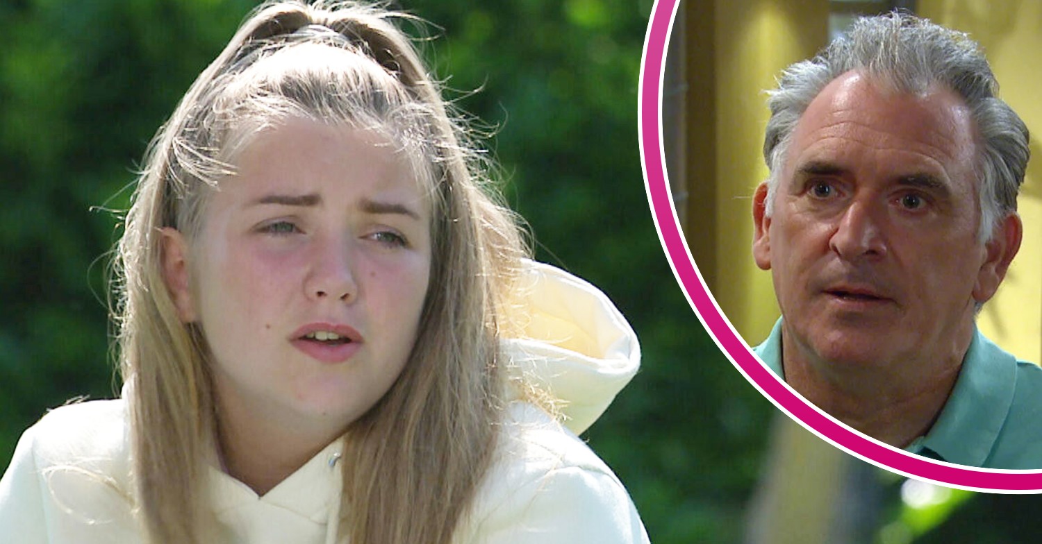 Cathy looks upset on Emmerdale; inset, Bob is shocked (Credit: ITV/Composite: Entertainment Daily)