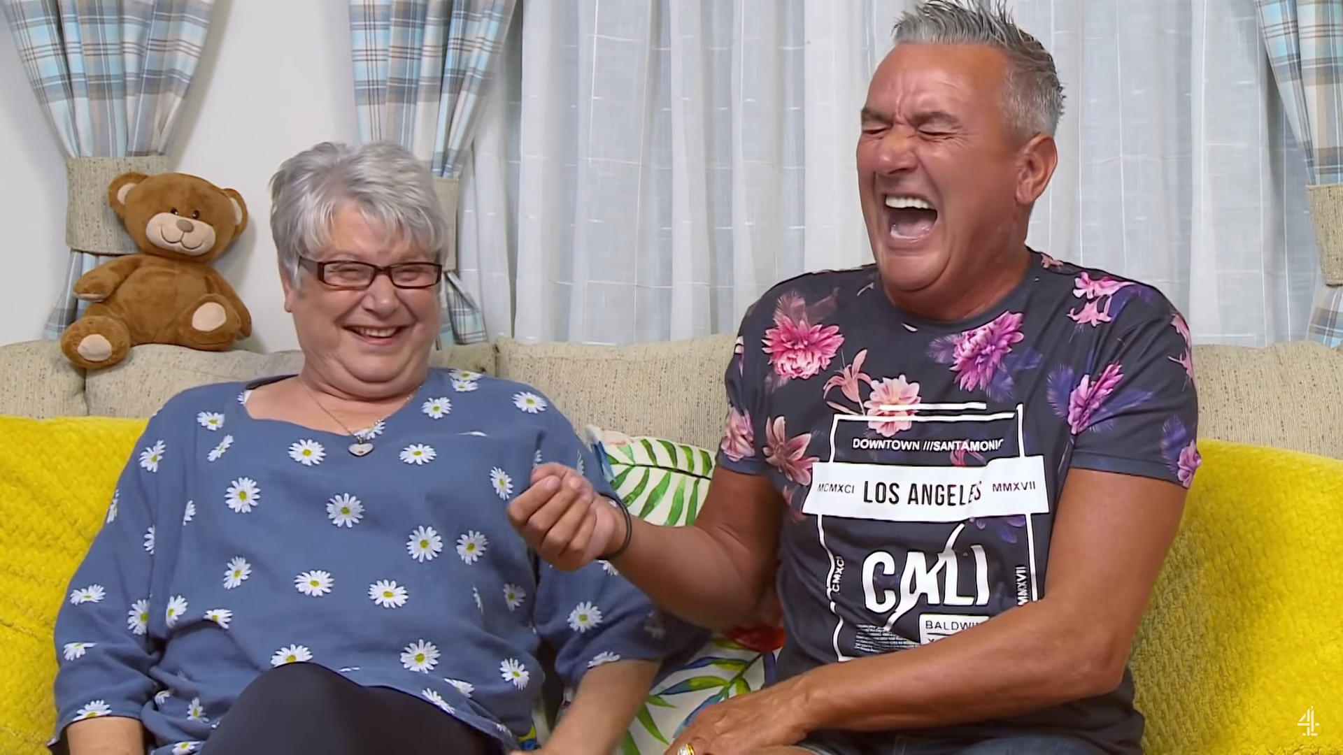 Jenny and Lee laugh in the caravan on Gogglebox