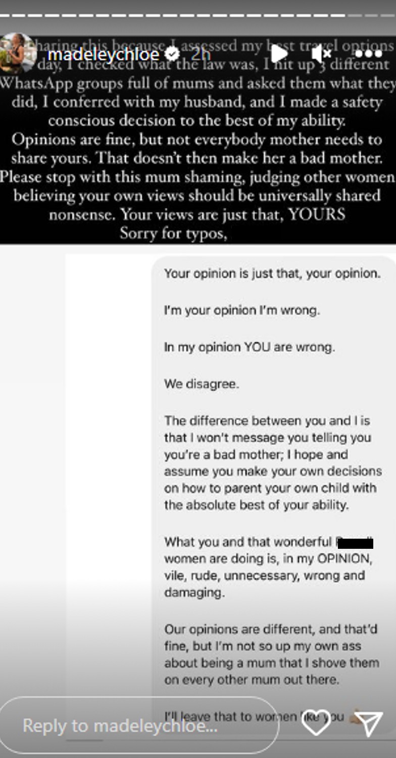 Chloe Madeley speaking on Instagram about mum shamers