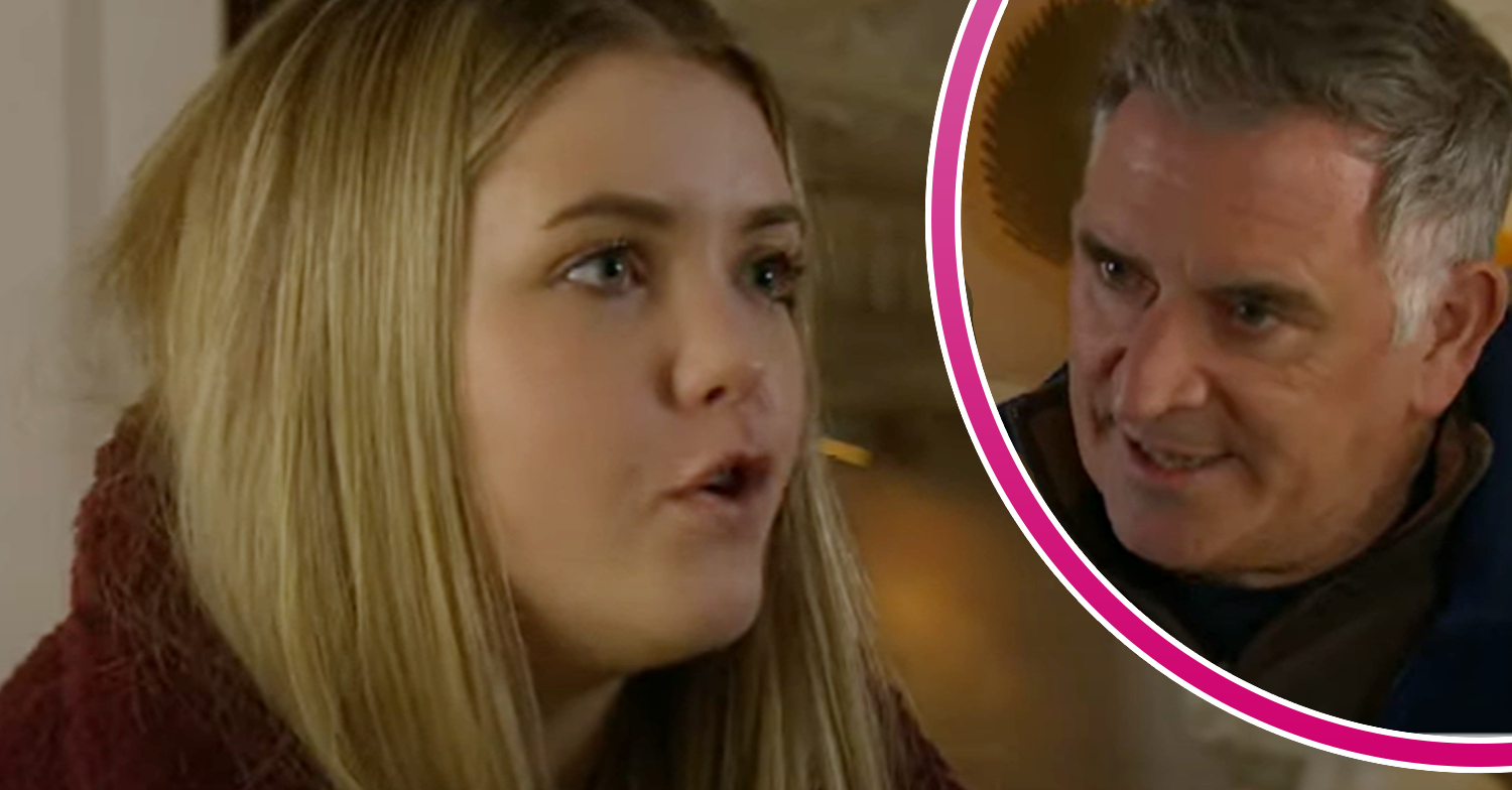 Emmerdale's Cathy is angry and, in a bubble, is Bob looking furious