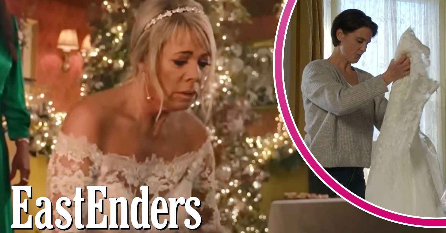 EastEnders' Sharon is wearing a wedding dress and, in a bubble, Eve is holding up a wedding dress