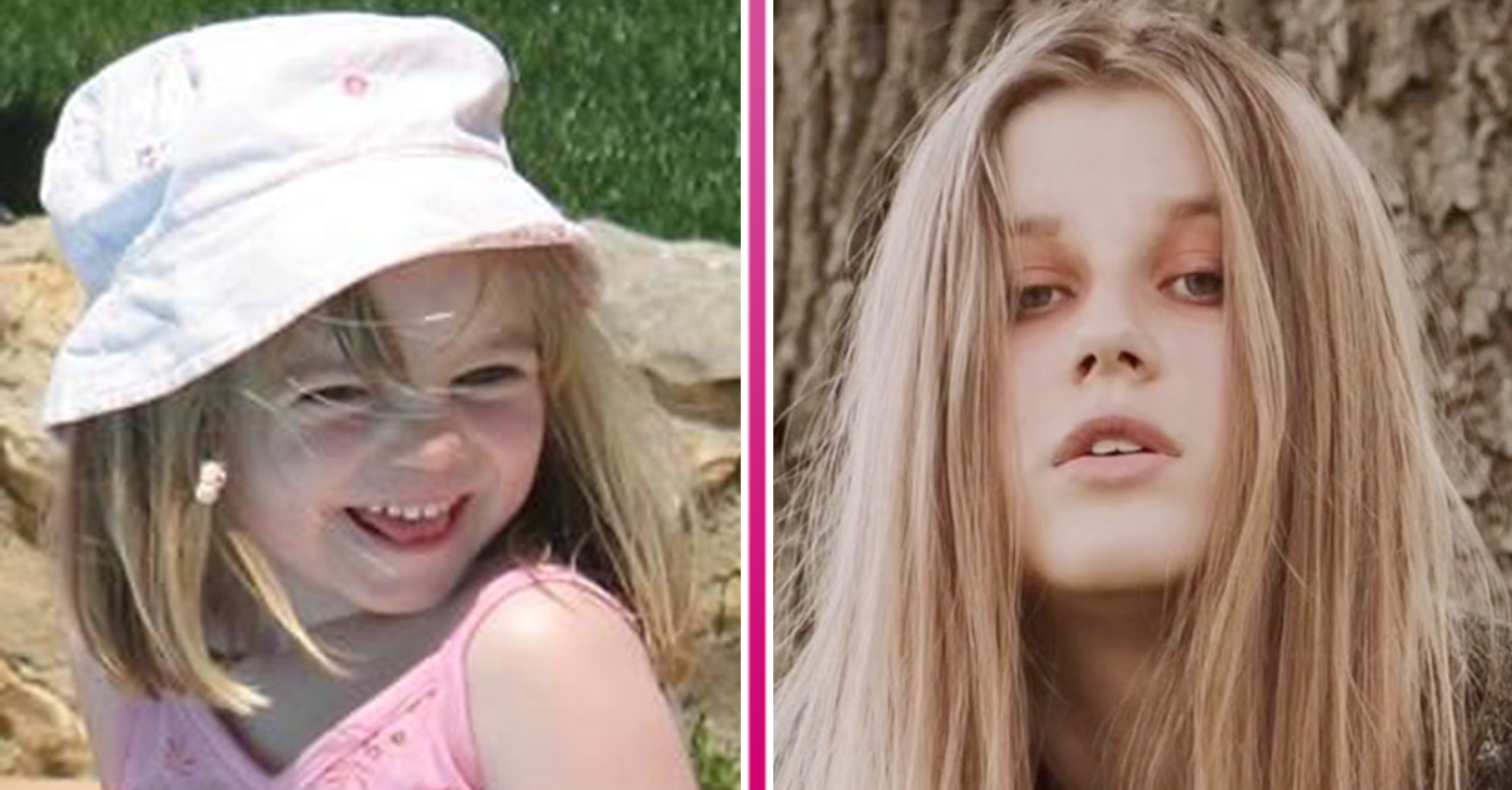 Madeleine McCann in a pink hat smiling and Julia looking brooding
