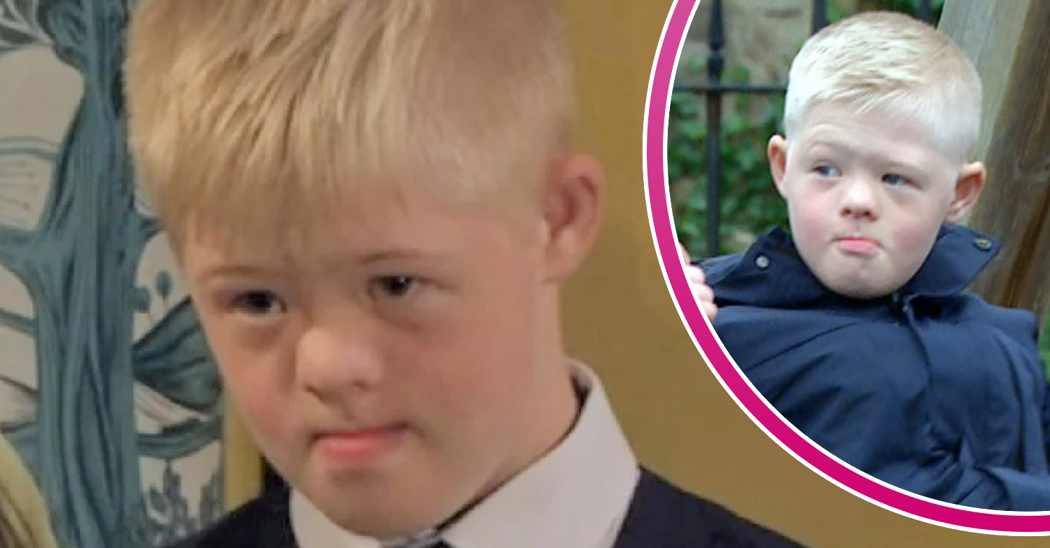 Emmerdale's Leo played by Harvey Rogerson and, in a bubble, Leo