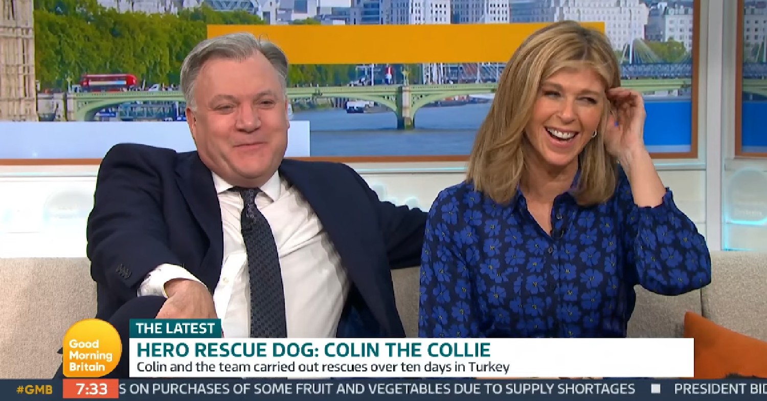 Ed Balls and Kate Garraway laughing on Good Morning Britain today