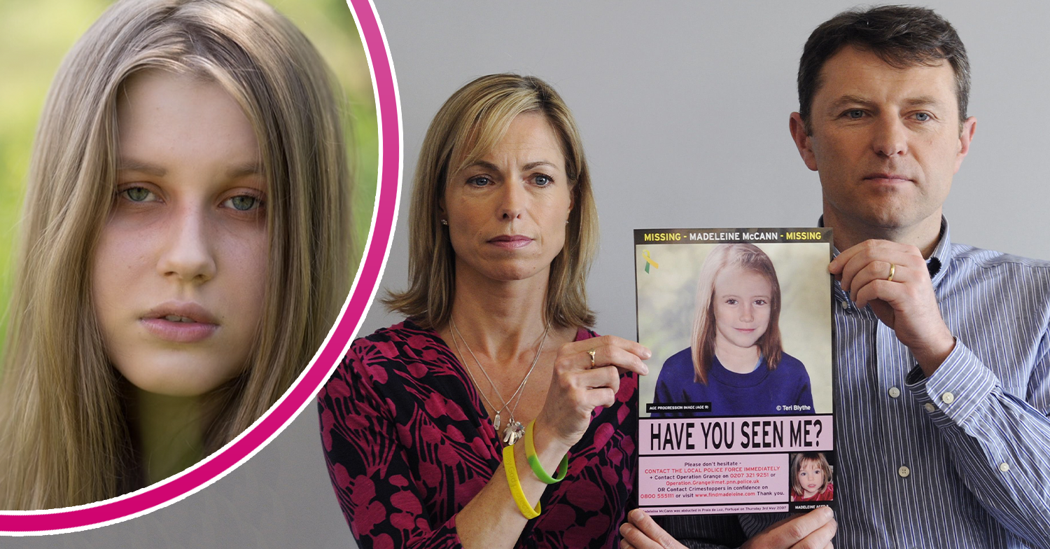 Julia looking upset and Kate and Gerry McCann holding a Madeleine poster