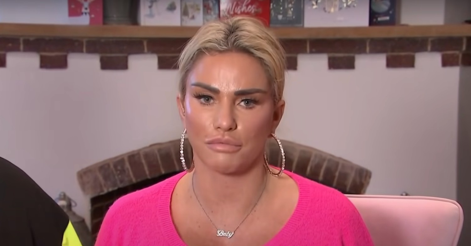 Katie Price speaking to camera with her hair up