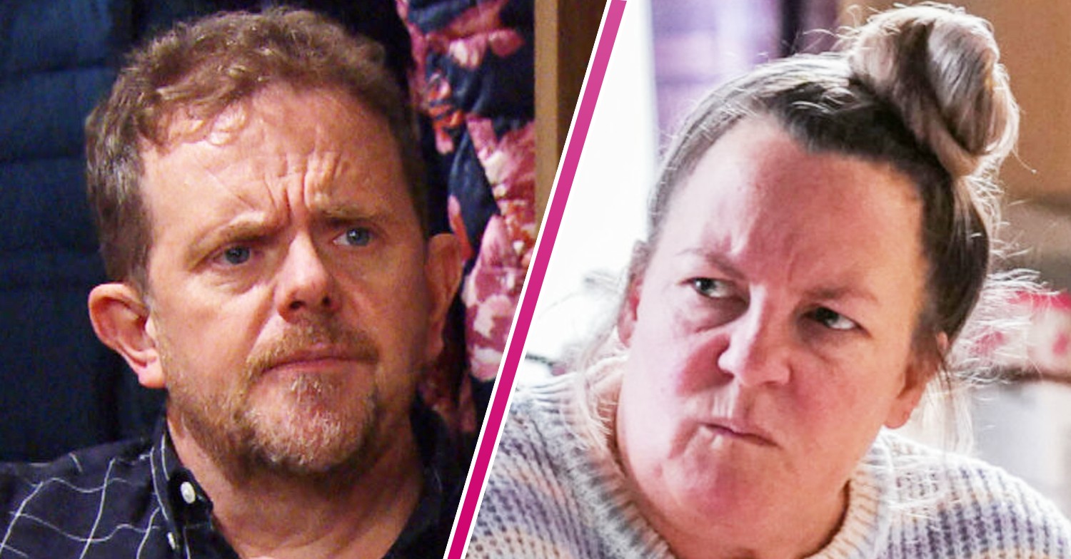 Composite image of Dan on Emmerdale, and Karen on EastEnders; both looking worried and stressed (Credit: ITV/BBC/Composite: Entertainment Daily)