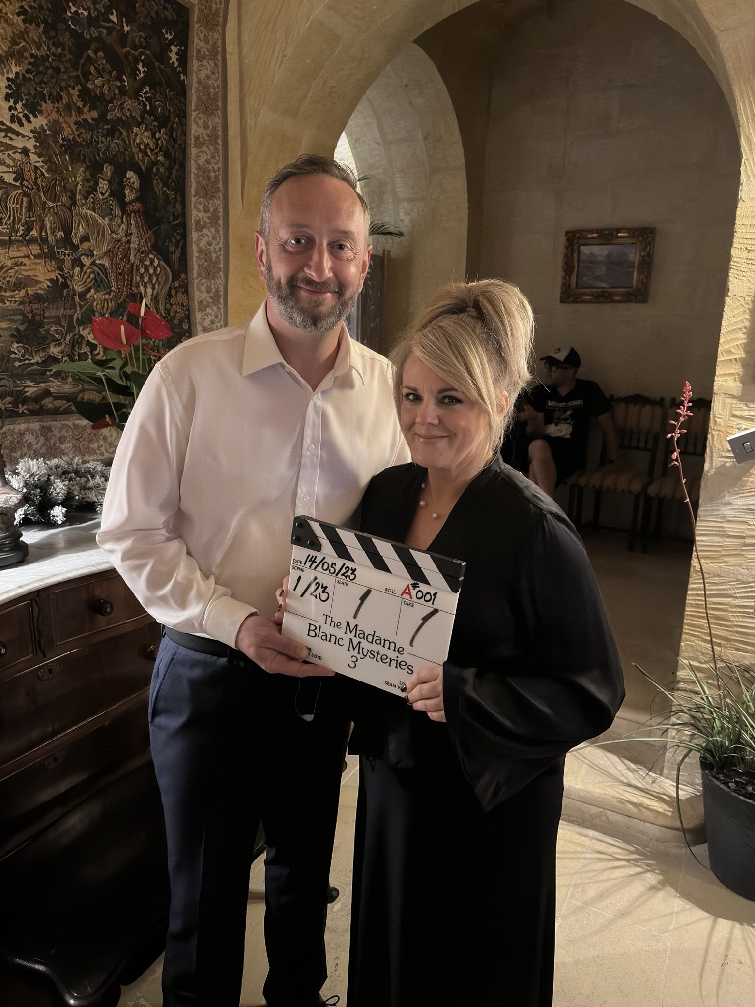 Sally Lindsay and Steve Edge on the set of The Madame Blanc Mysteries series 3