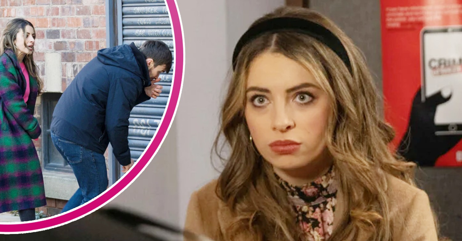 Daisy looks shocked on Coronation Street; inset, smacking Justin in the street (Credit: ITV/Coronation Street/Composite: Entertainment Daily)