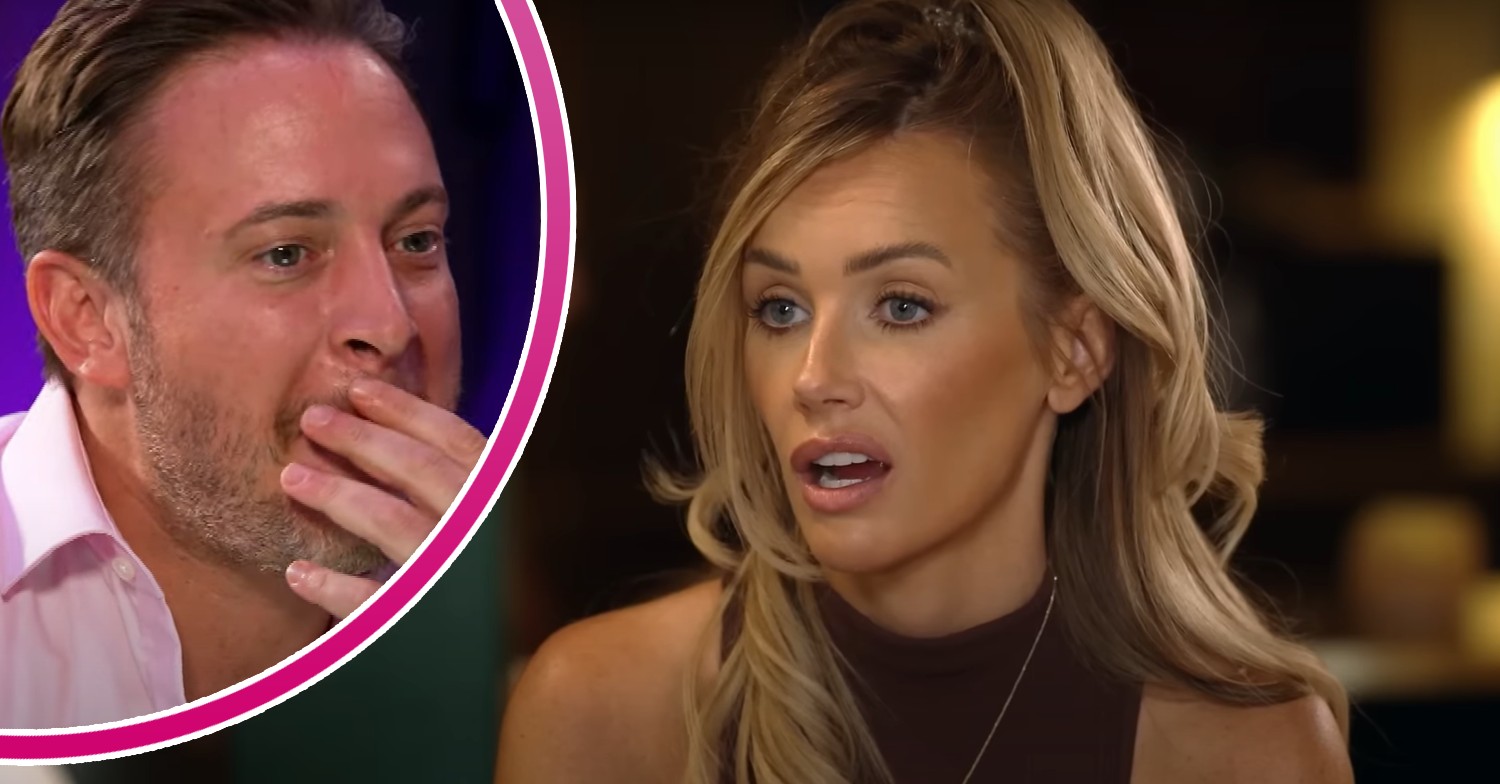 Laura Anderson talking and Gary Lucy looking shocked on Celebs Go Dating