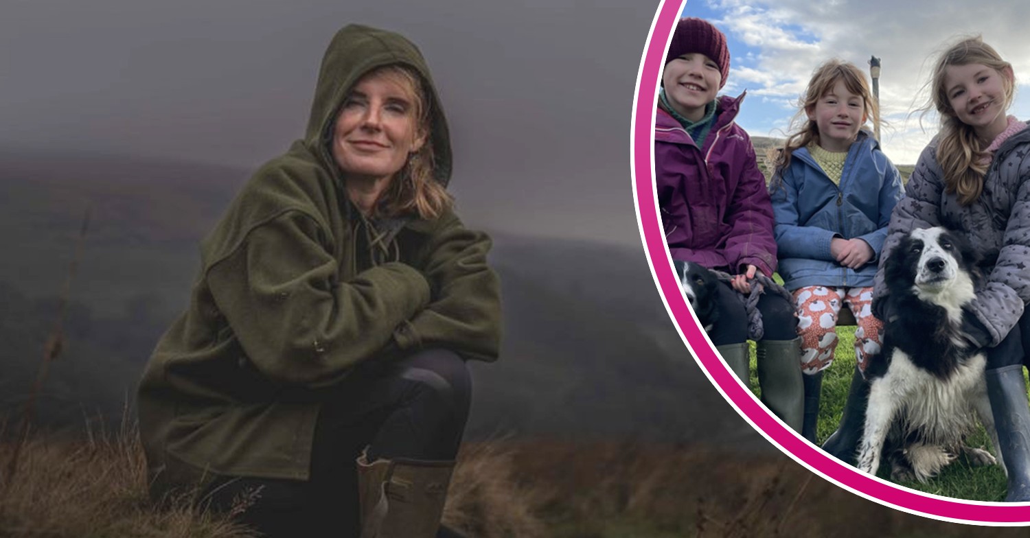 Yorkshire Shepherdess Amanda Owen smiles next to picture of daughters