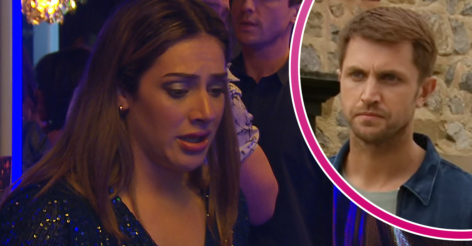 Emmerdale's Victoria is looking panicked and, in a bubble, is Lee Posner