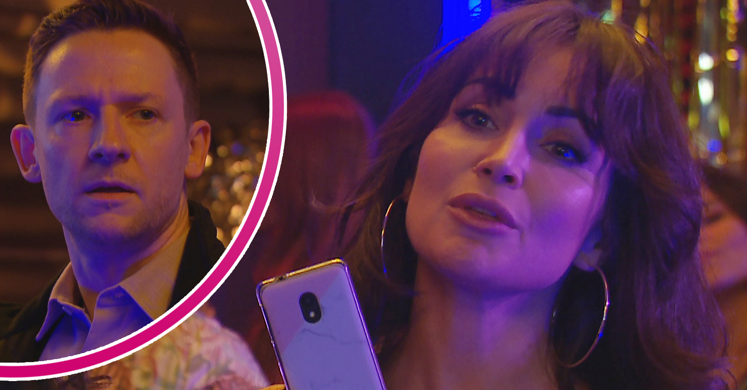 Emmerdale's Leyla is holding her phone up and, in a bubble, Callum is looking angry