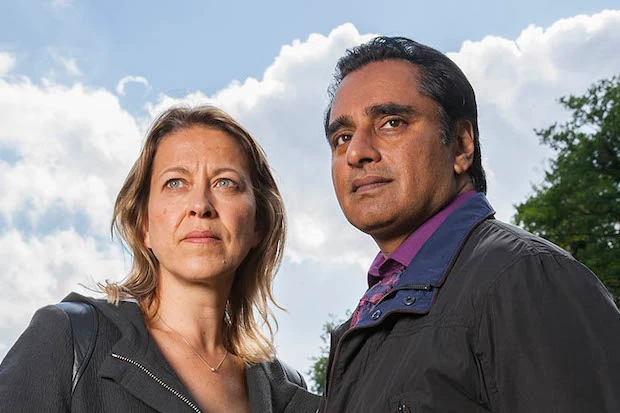 Cassie Stuart and Sunny Khan frown in Unforgotten