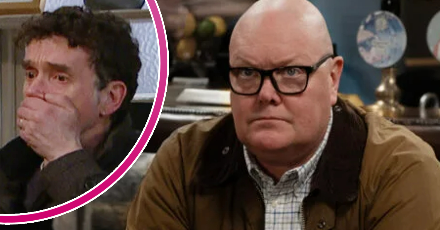 Emmerdale's Paddy is looking upset and, in a bubble, Marlon has his hand over his mouth in shock