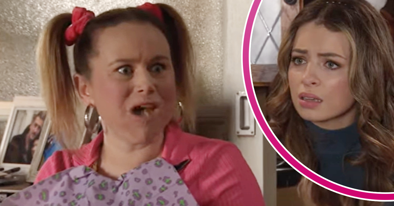 Coronation Street's Gemma has a mouth full of food and, in a bubble, Daisy is looking disgusted