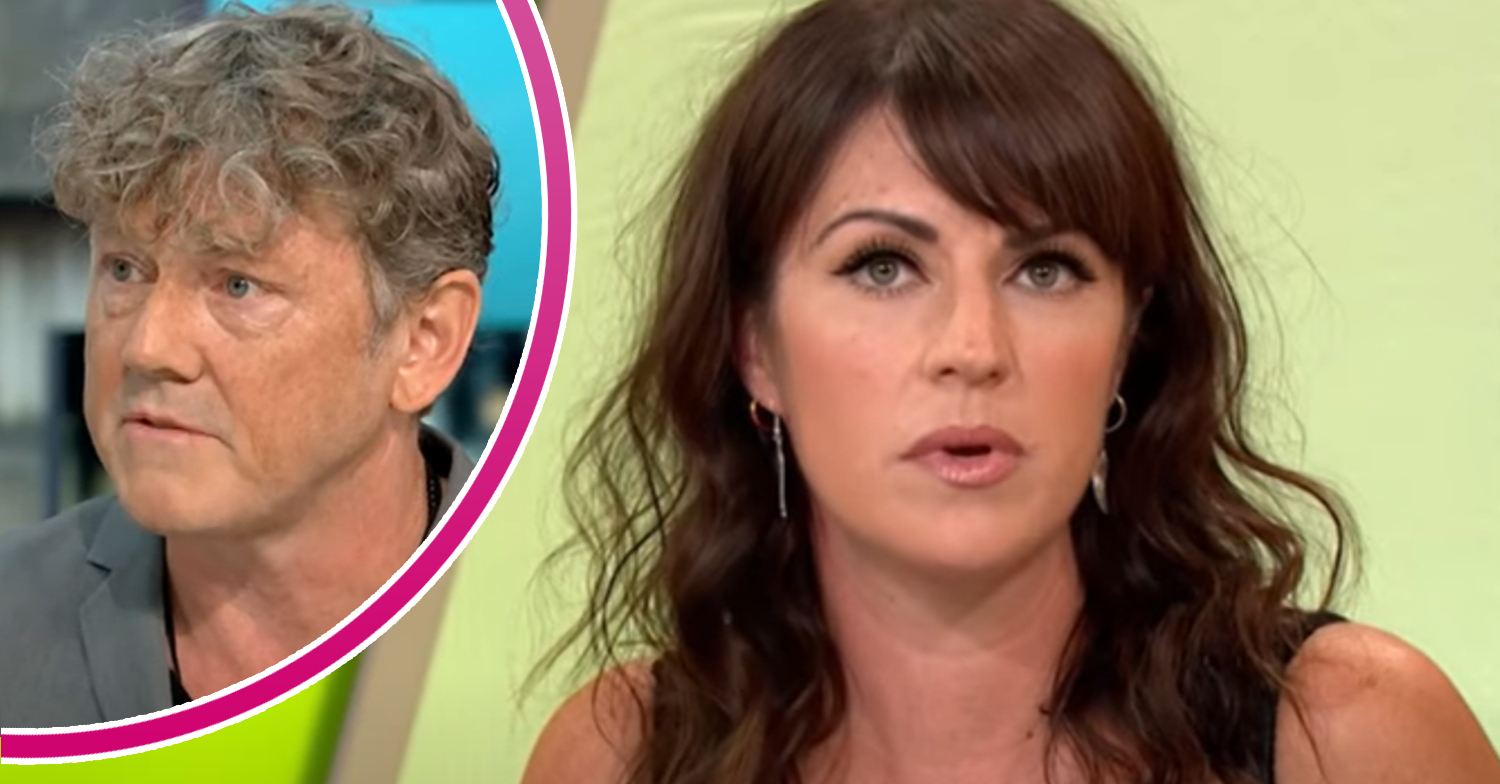 Emmerdale's Laura Norton is looking serious and, in a bubble, Mark Jordon is serious