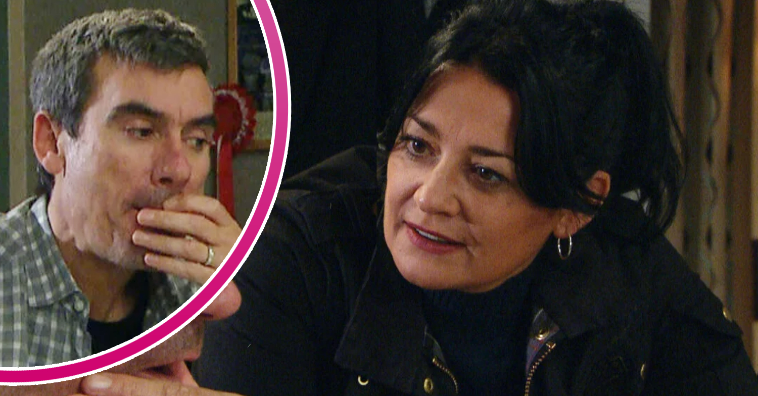 Emmerdale Moira is furious and, in a bubble, Cain is in deep thought with his hand on his face