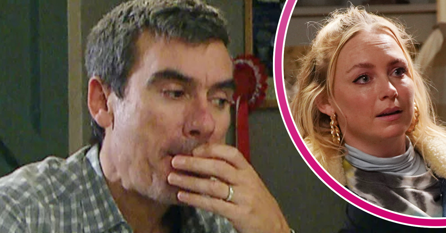 Emmerdale's Cain is in deep thought with his hand on his face and, in a bubble, Amy is teary-eyed