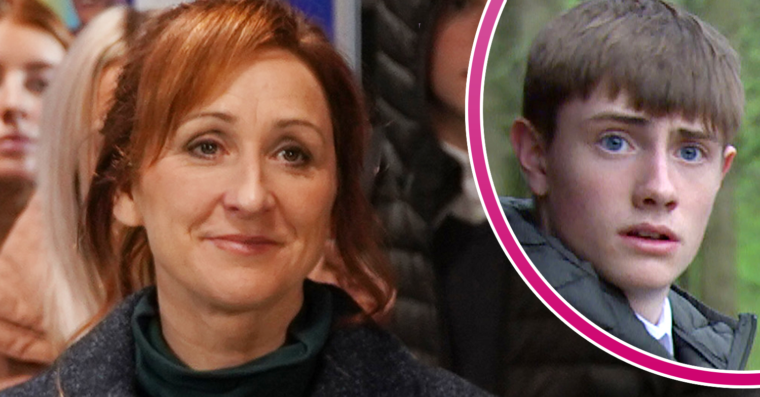 Emmerdale's Laurel is smiling and, in a bubble, Marshall is shocked