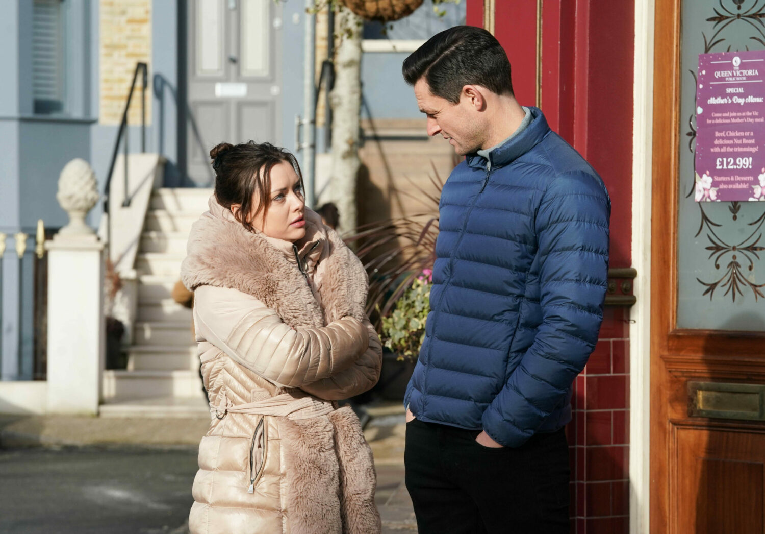 Zack and Whitney talk outside the Queen Vic on EastEnders (Credit: BBC)