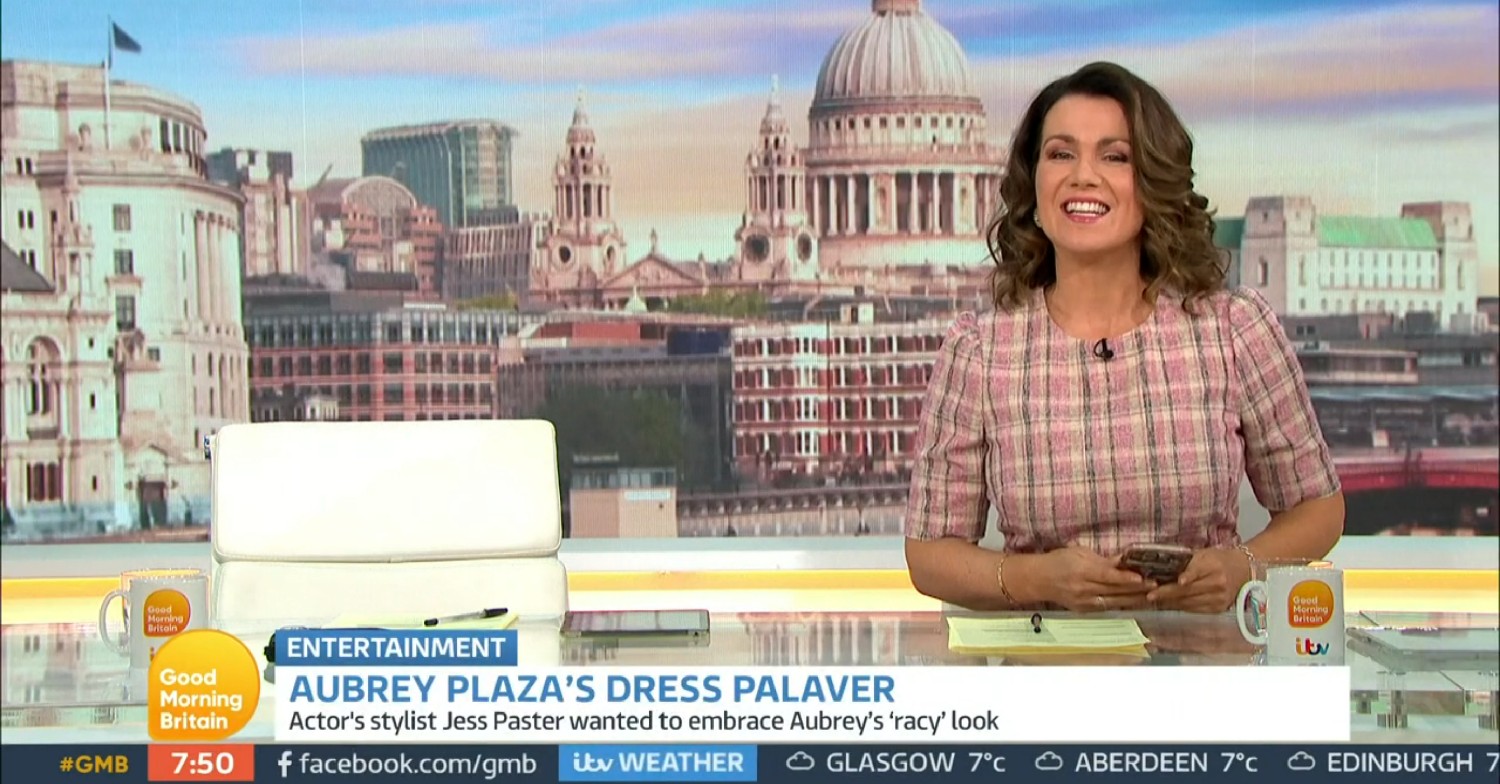 Susanna Reid in a pink, chequered dress on Good Morning Britain today 