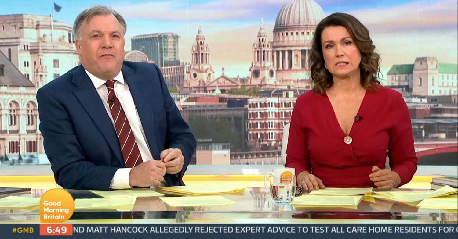 Ed Balls and Susanna Reid (wearing a red dress) on Good Morning Britain today