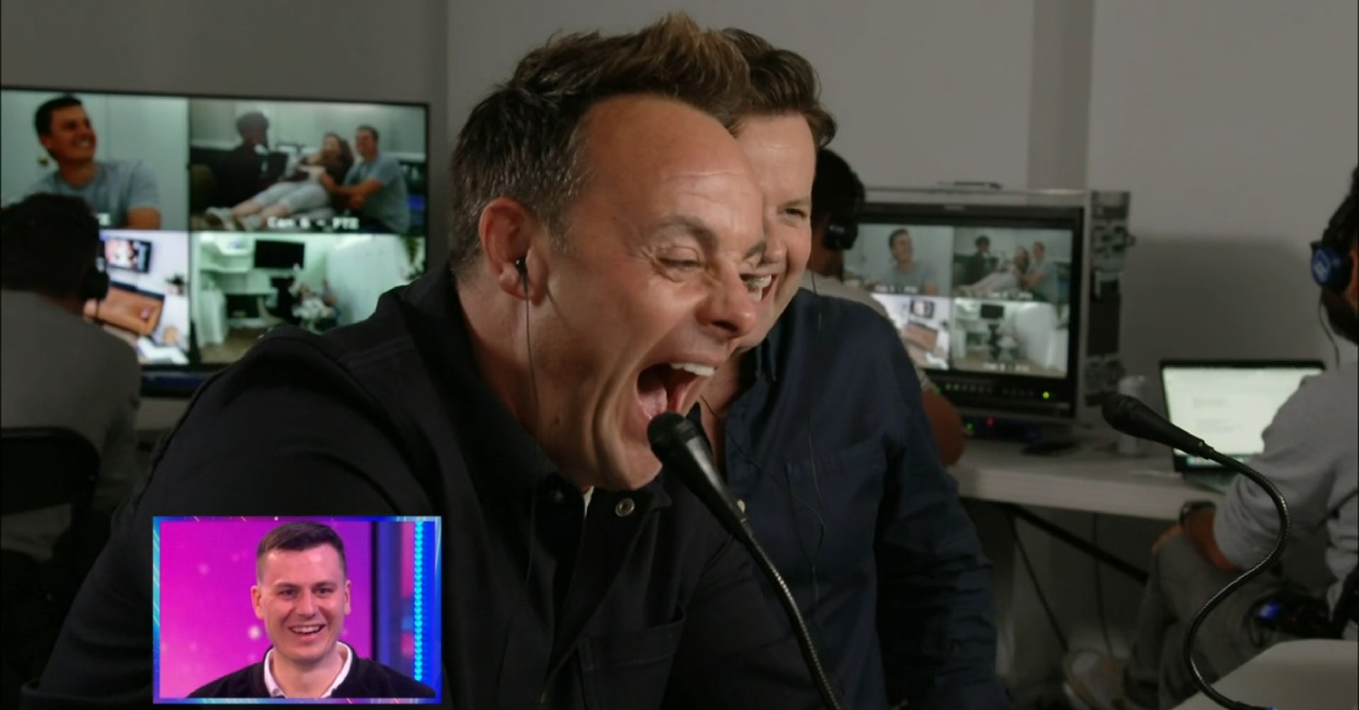 Ant and Dec laughing on Saturday Night Takeaway during a prank