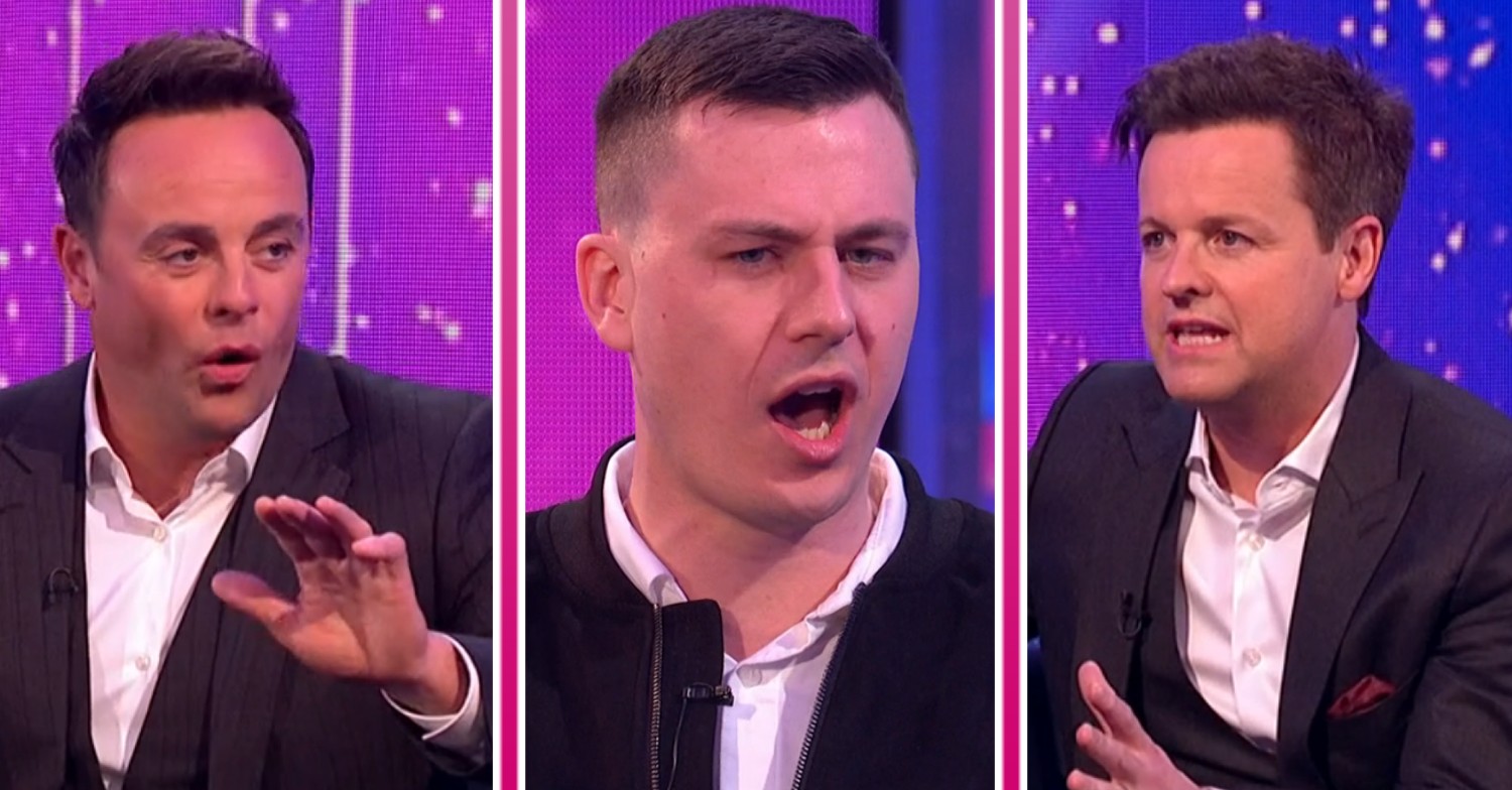 Ant and Dec looking worried as a guest looks angry on Saturday Night Takeaway 2023