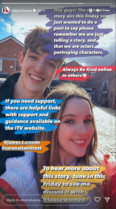 Coronation Street's James and Elle are smiling on Elle's Instagram stories