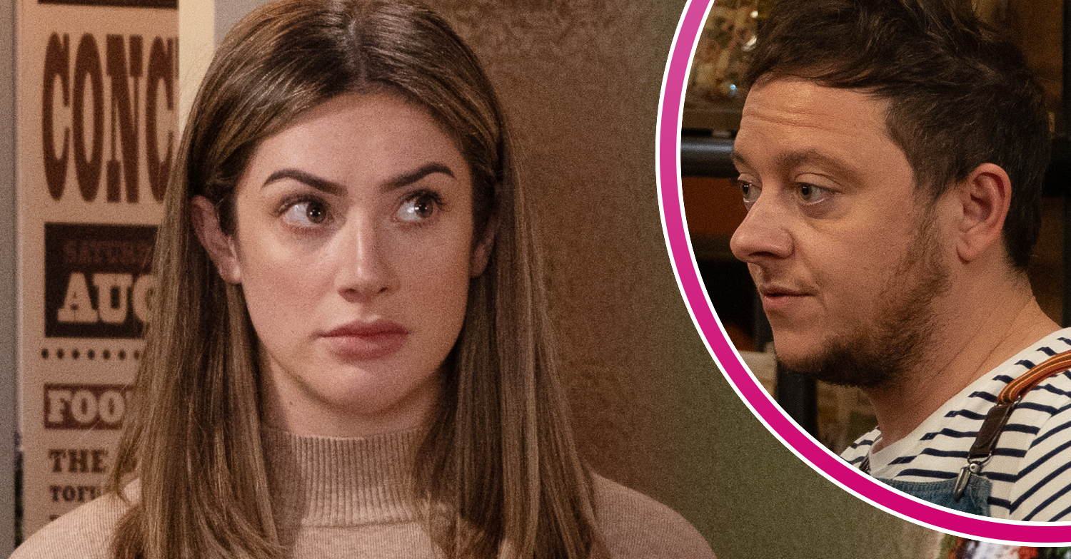 Emmerdale's Victoria looks uncomfortable and, in a bubble, Matty has a supportive look on his face