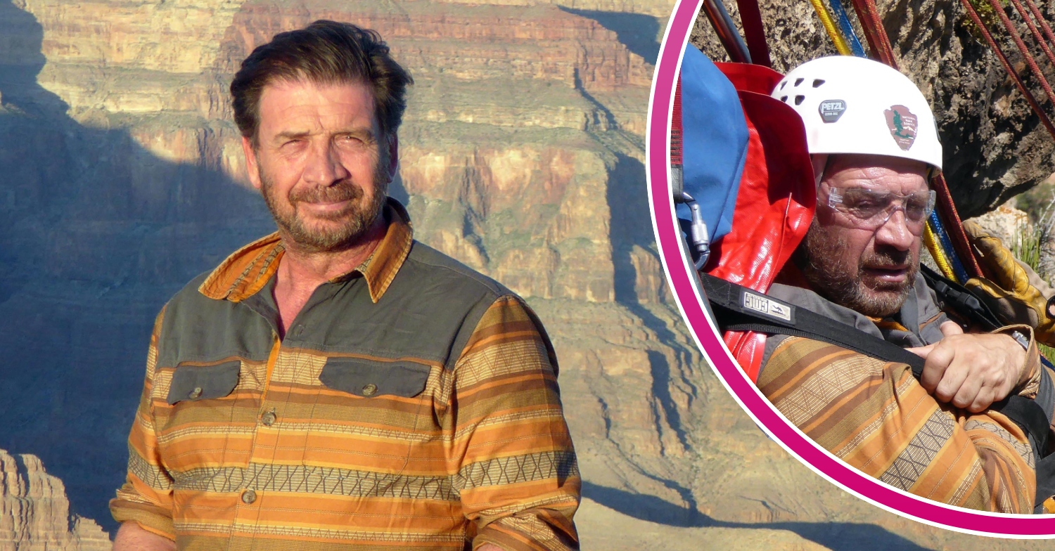 Nick Knowles in a harness and standing at the Grand Canyon