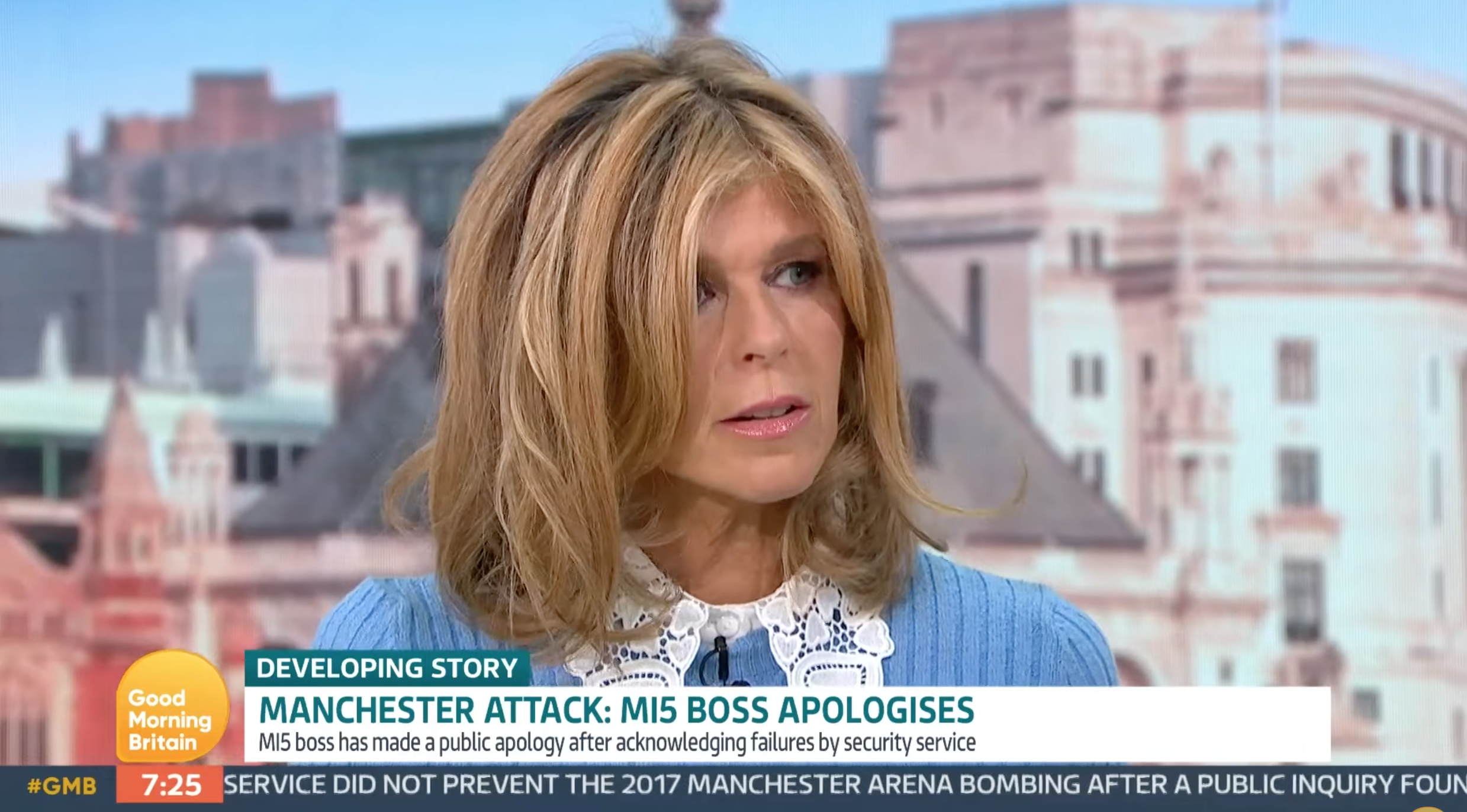 Kate Garraway wearing blue presenting on GMB