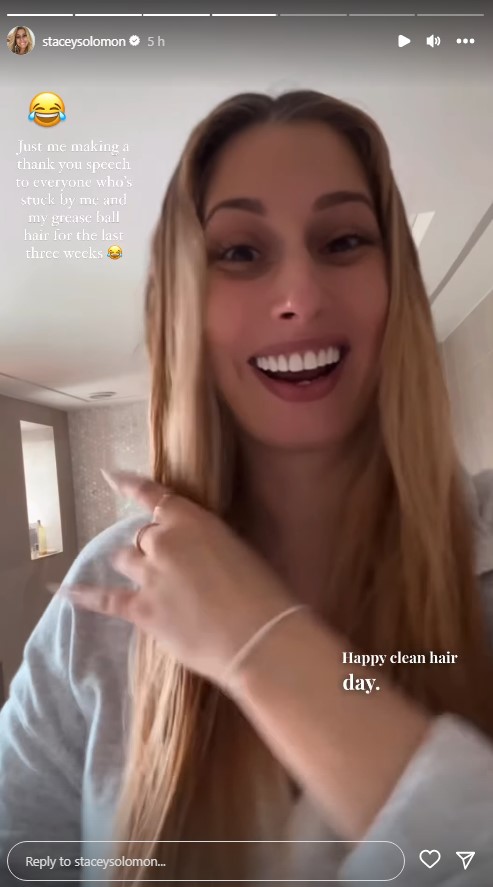 Stacey Solomon smiles as she brushes her hair during her Instagram Story