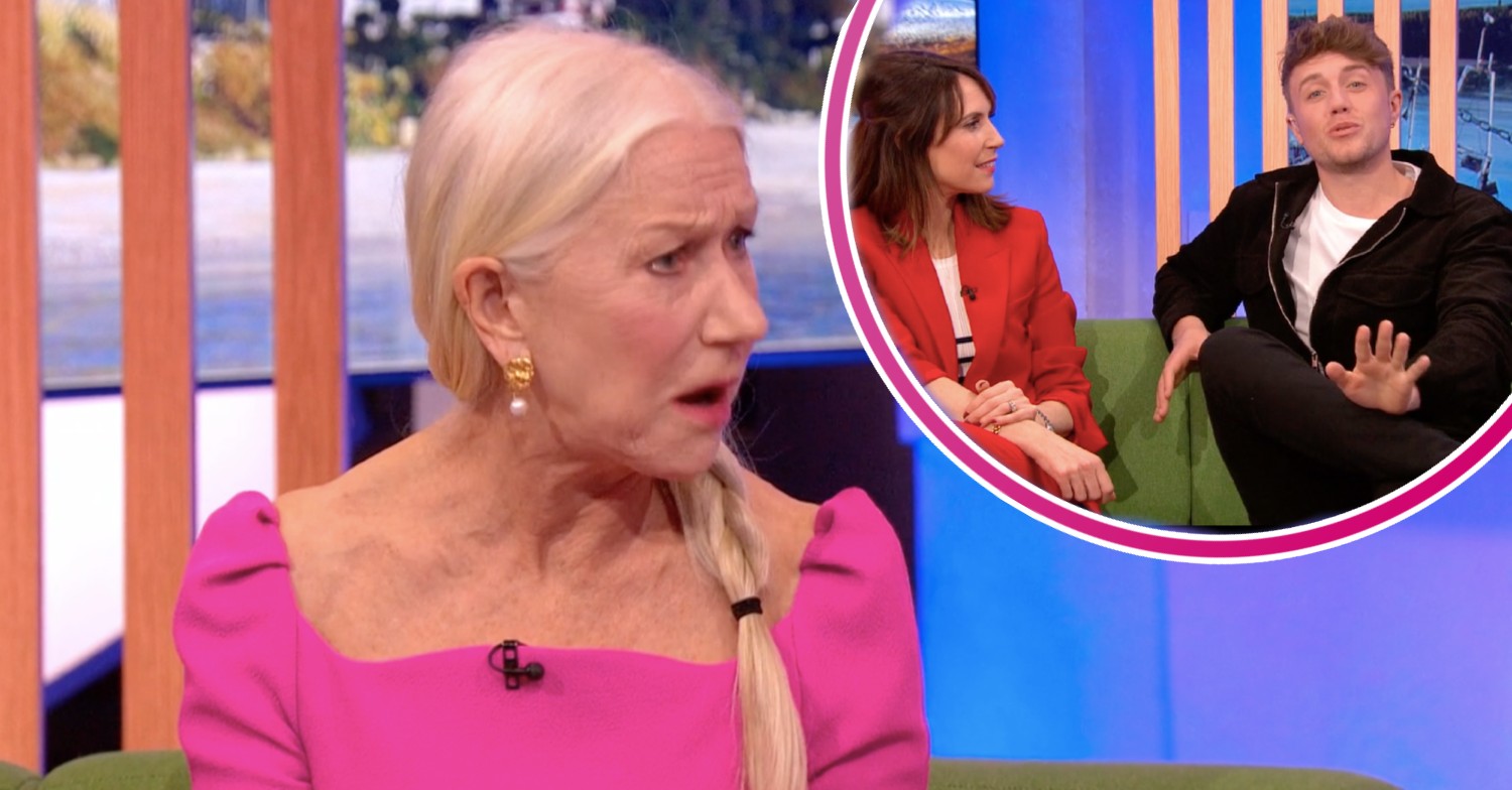Helen Mirren looking shocked on The One Show, Roman Kemp and Alex Jones