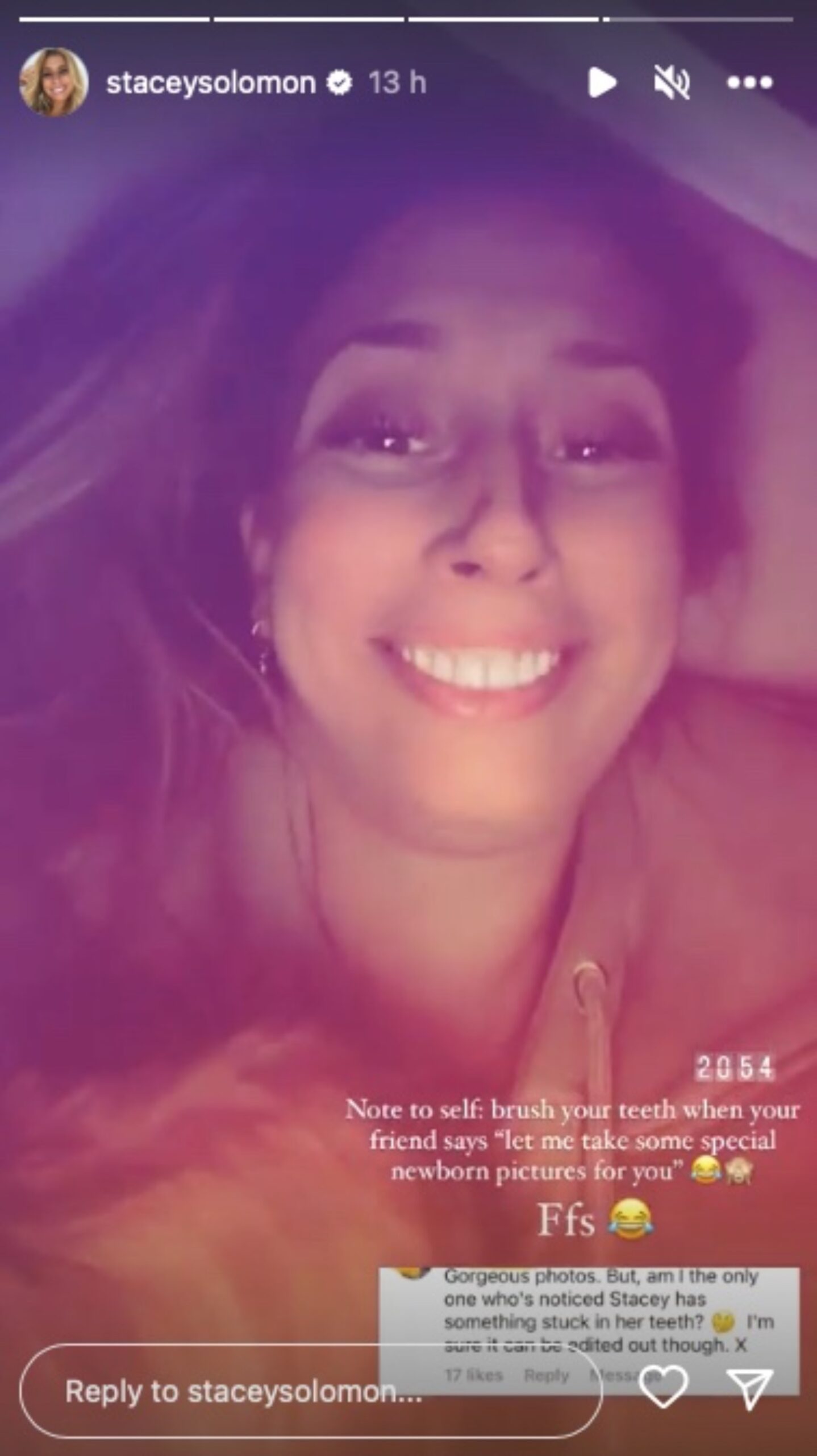 Stacey Solomon smiling in Instagram story