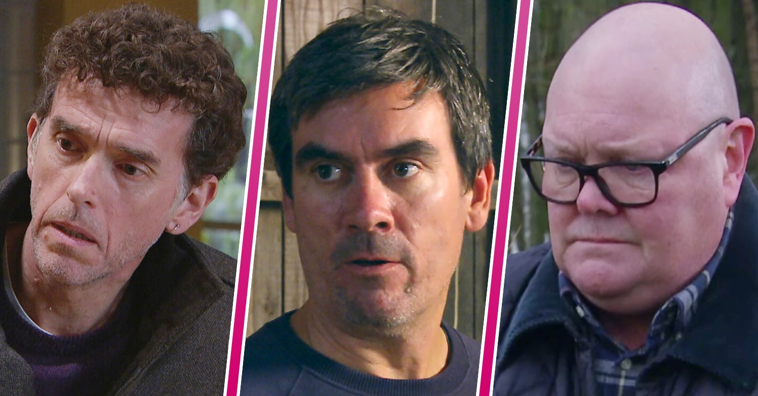 Composite of Paddy, Marlon and Cain on Emmerdale, all looking worried and miserable (Credit: ITV/Composite: Entertainment Daily)