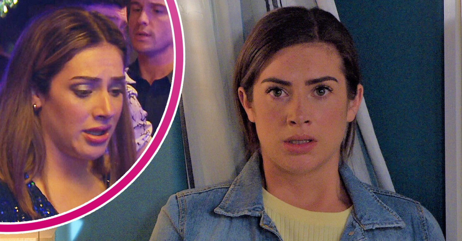 Victoria looks shocked on Emmerdale; inset, having a panic attack in a club (Credit: ITV/Composite: Entertainment Daily)