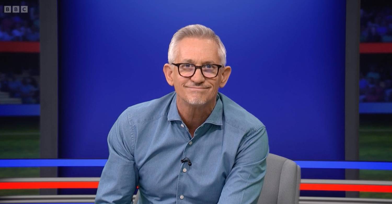 Gary Lineker looks down the camera lens while hosting BBC Match of the Day