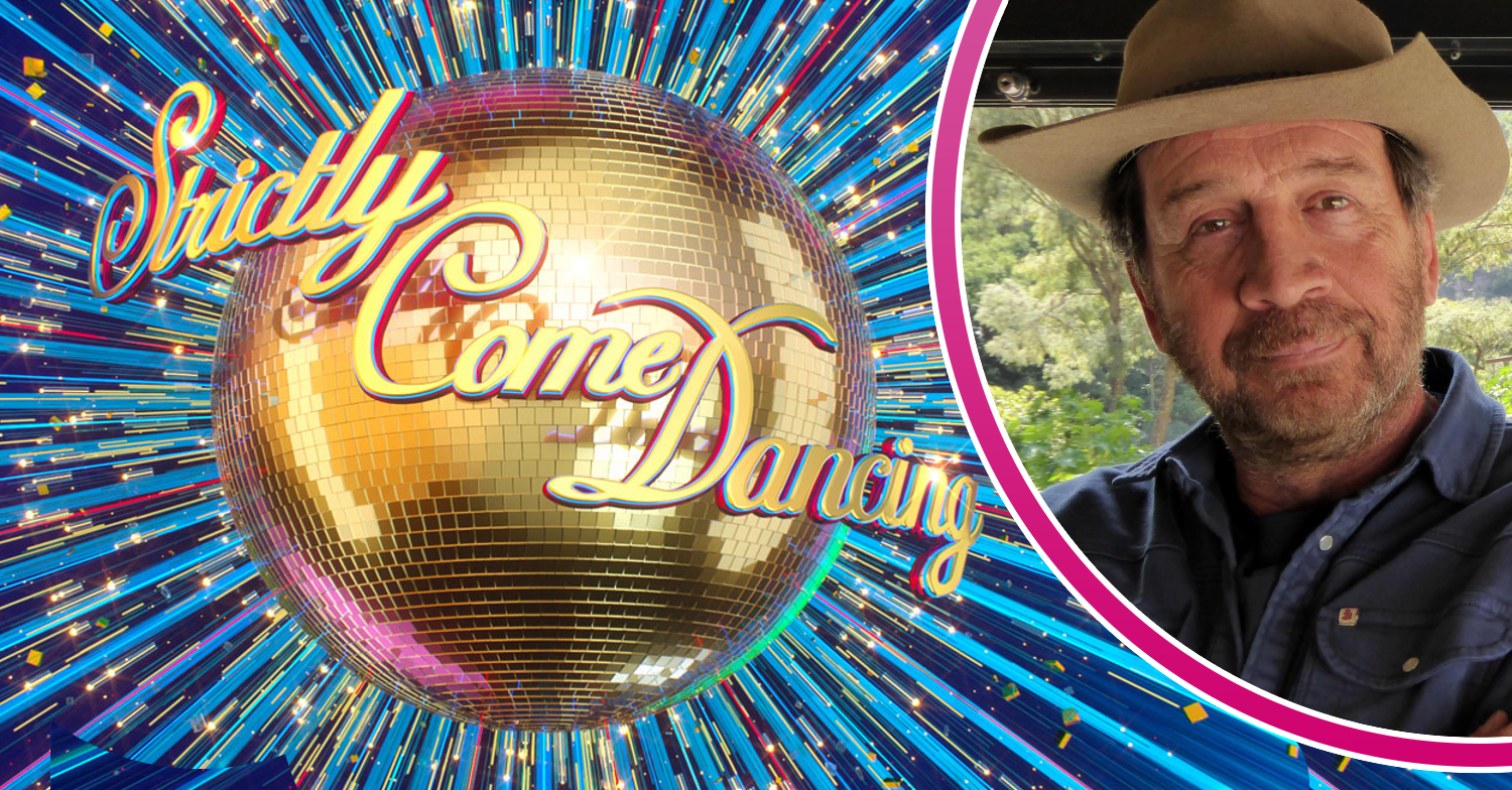 Nick Knowles smiles next to Strictly Come Dancing logo