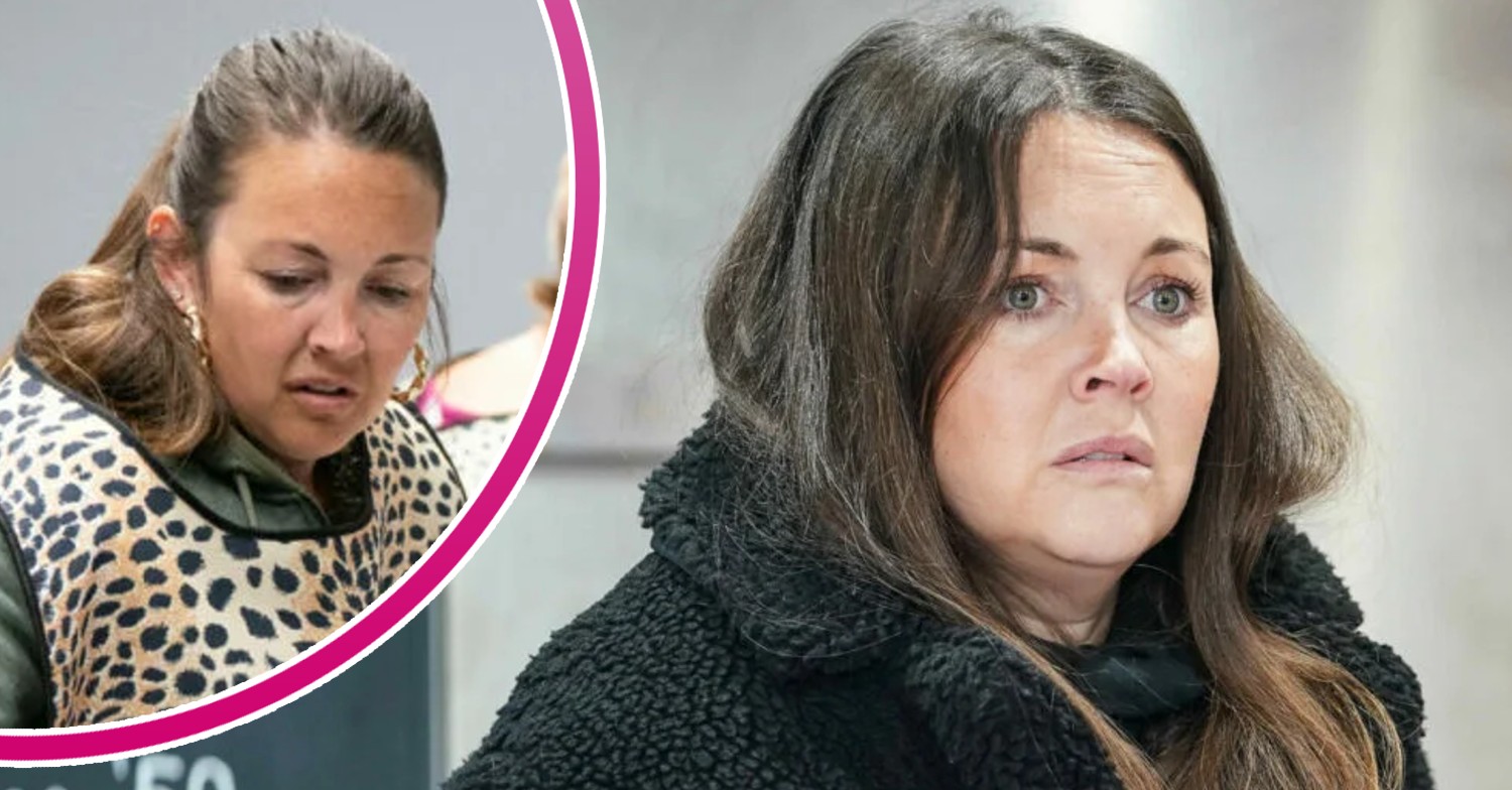 Stacey looking worried on EastEnders; inset, wearing her cleaning uniform (Credit: BBC/Composite: Entertainment Daily)