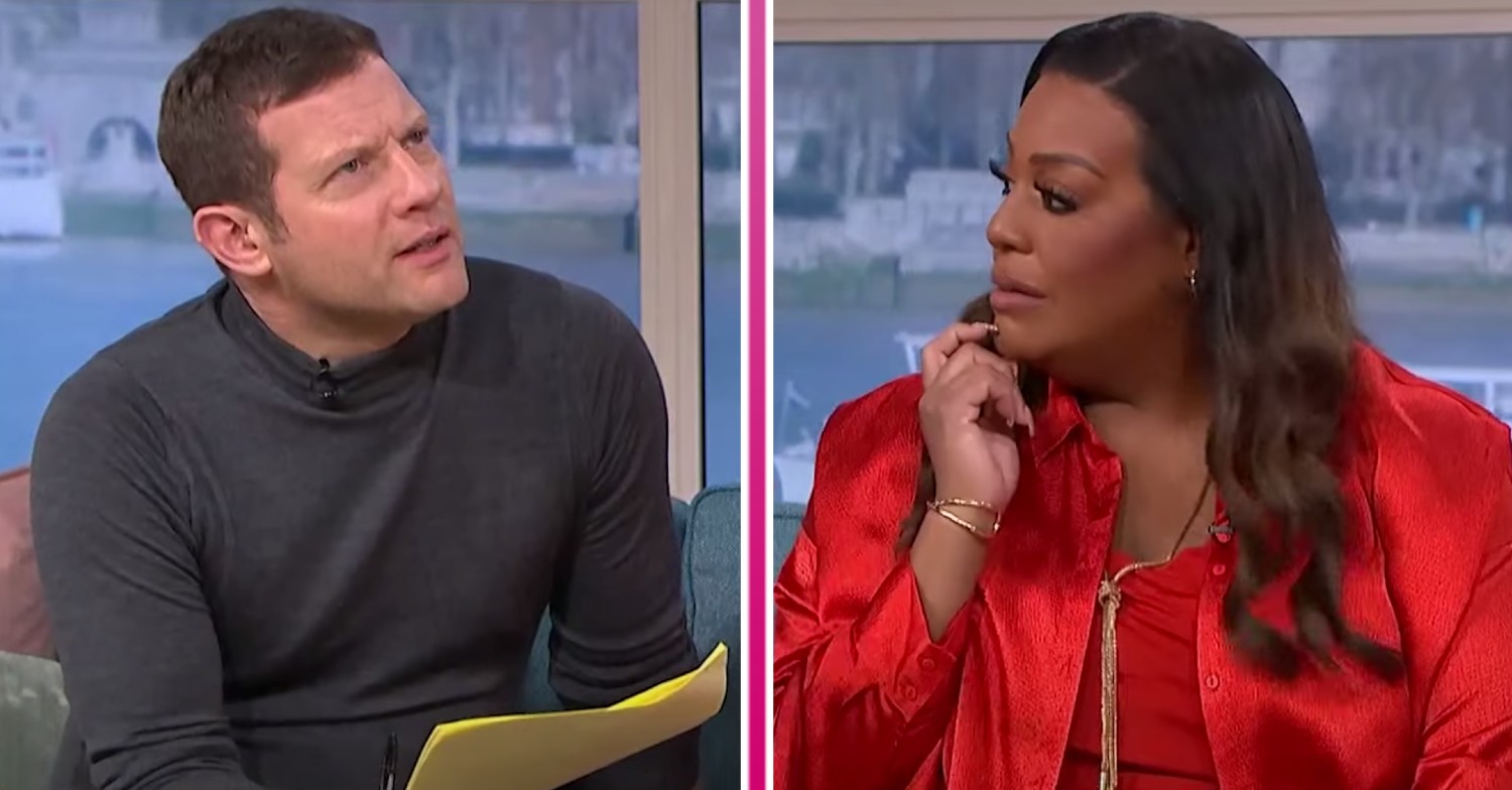 Dermot O'Leary looks up, Alison Hammond fingers her chin on This Morning today